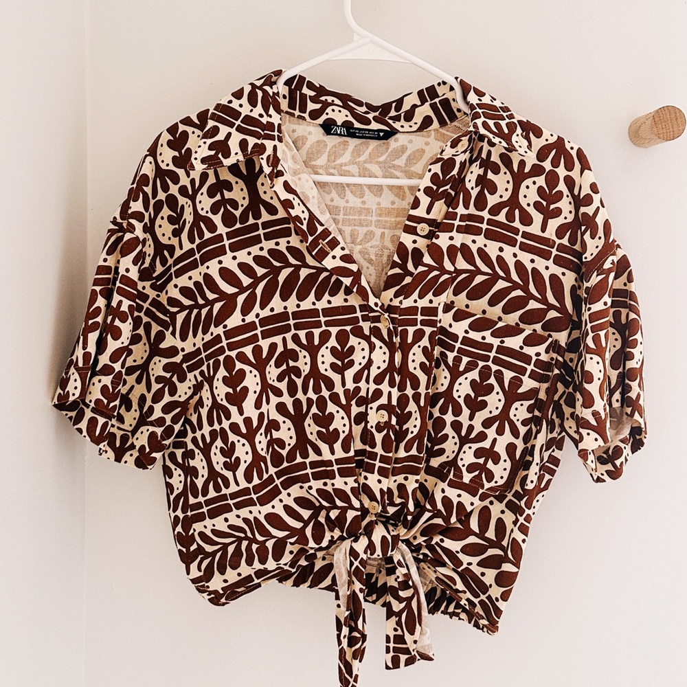 Zara Linen Crop Linen Blend Top